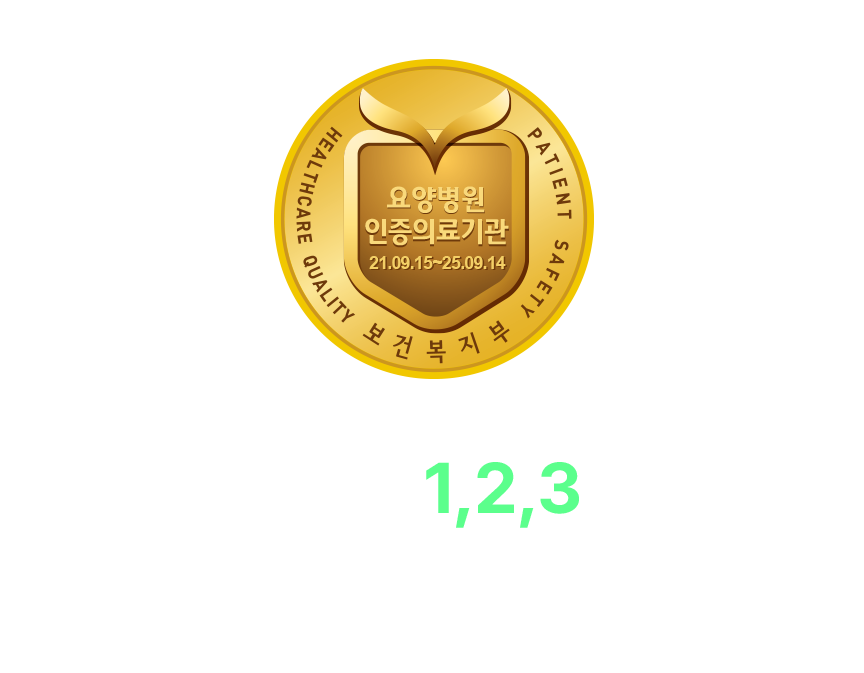 보건복지부 인증의료기관.
부산최초 1,2,3주기 인증요양병원. 저희 좋은애인요양병원은 부산에서 최초로 1주기, 2주기에 이어 3주기에도 보건복지부 인증의료기관 마크를 획득한 병원입니다.